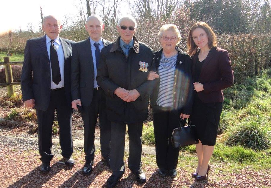 Albert pictured in centre next to Rosemary Harris neé Hanks, daughter of George, at the place where George fell. Also pictured, Paul Harris (George's grandson), Archie Harris (Rosemary's husband) and Simone Harris (Paul's wife). 